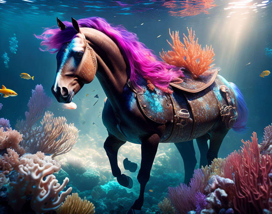 Vibrant purple-maned horse underwater with colorful coral