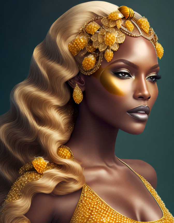 Dark-skinned woman with golden makeup and blonde waves styled with yellow beads and ornate headpiece