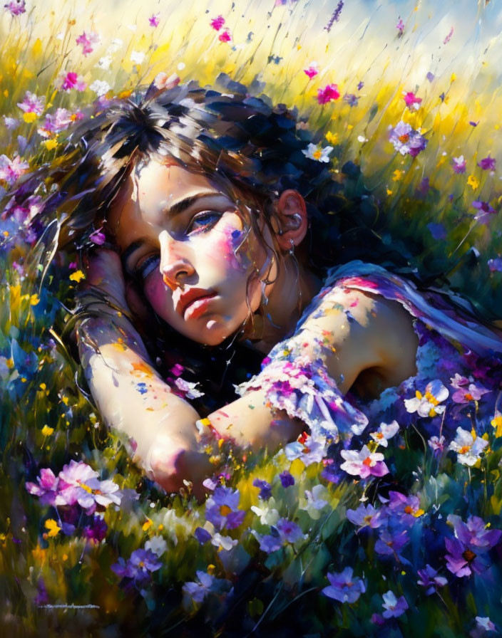 Young woman in colorful wildflower field under sunlight