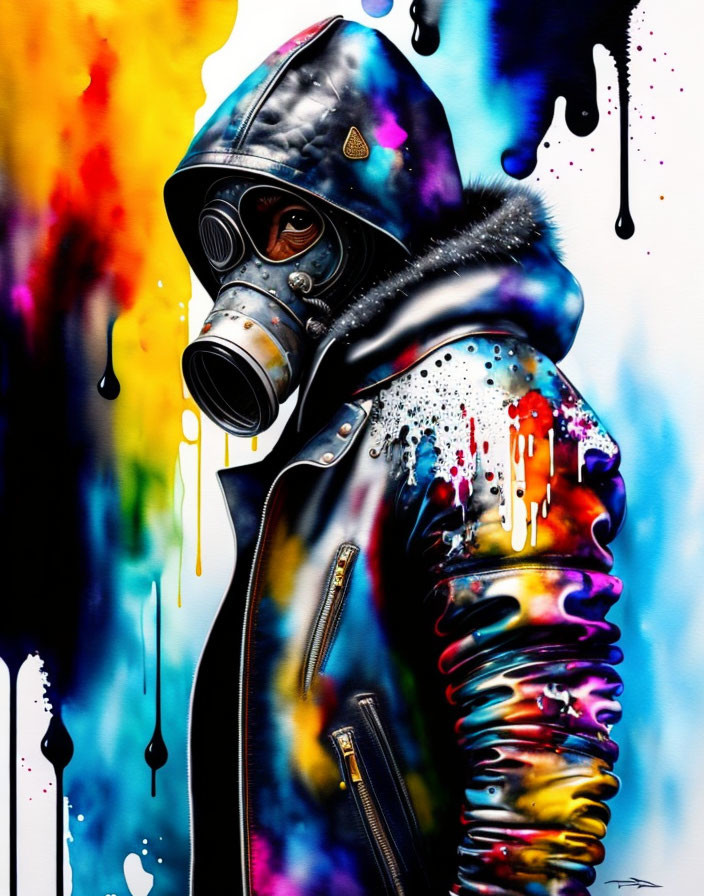 Colorful gas mask and paint-splattered jacket in vibrant artwork