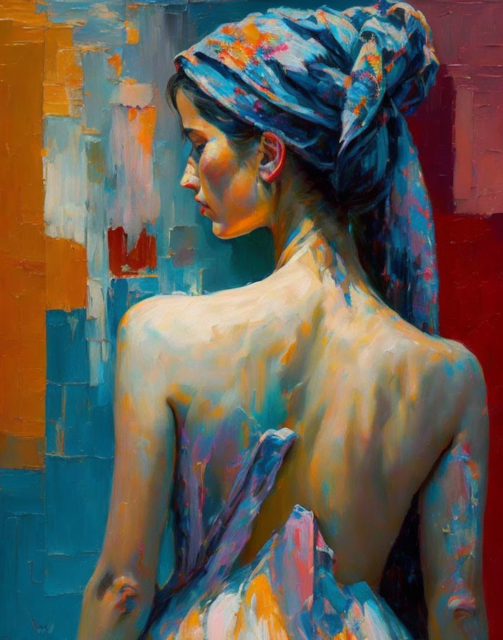 Vibrant painting of woman draped in fabric with head wrap against abstract backdrop