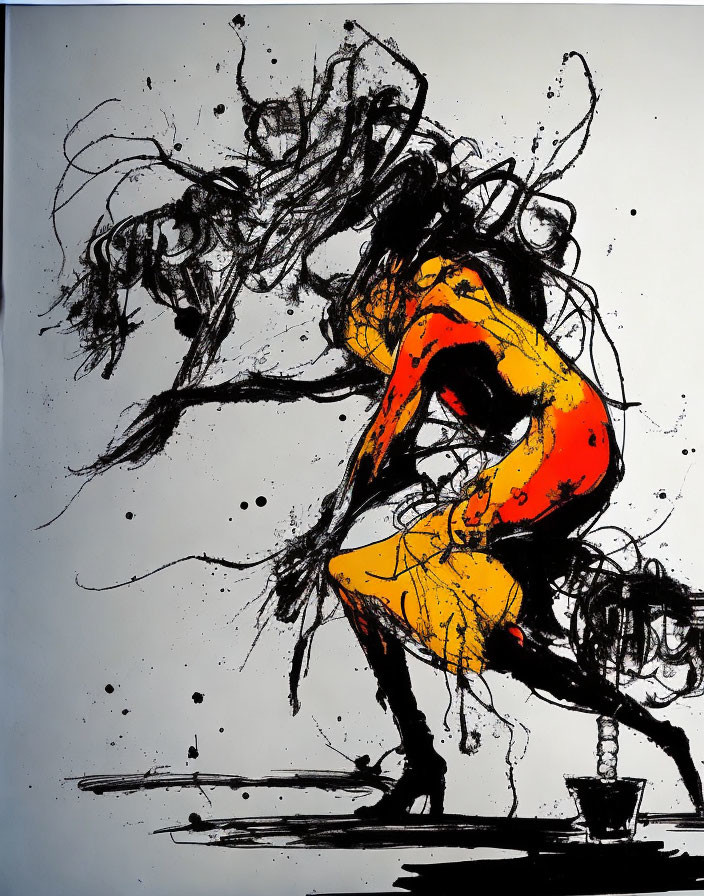 Dynamic Black Ink Figure with Yellow and Red Accents in Abstract Art