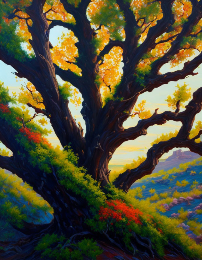 Majestic tree painting with yellow and green leaves at sunset