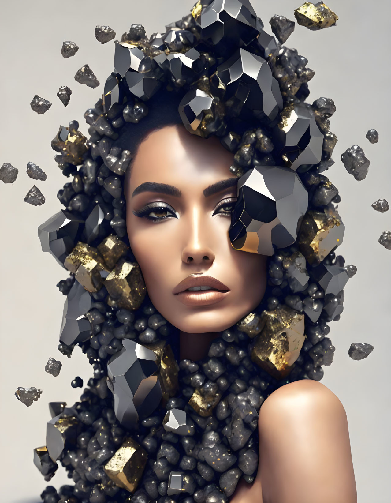 Woman in Crystal Headpiece and Garment on Neutral Background