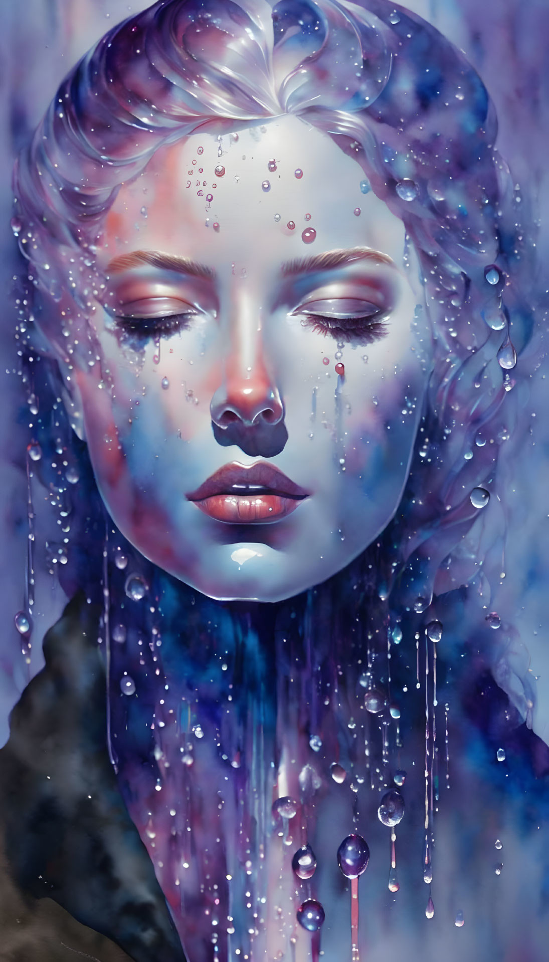 Surreal digital art portrait of a woman with closed eyes and cosmic water droplets.