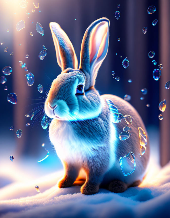 Digital artwork: Rabbit in Sparkling Bubbles with Magical Winter Background