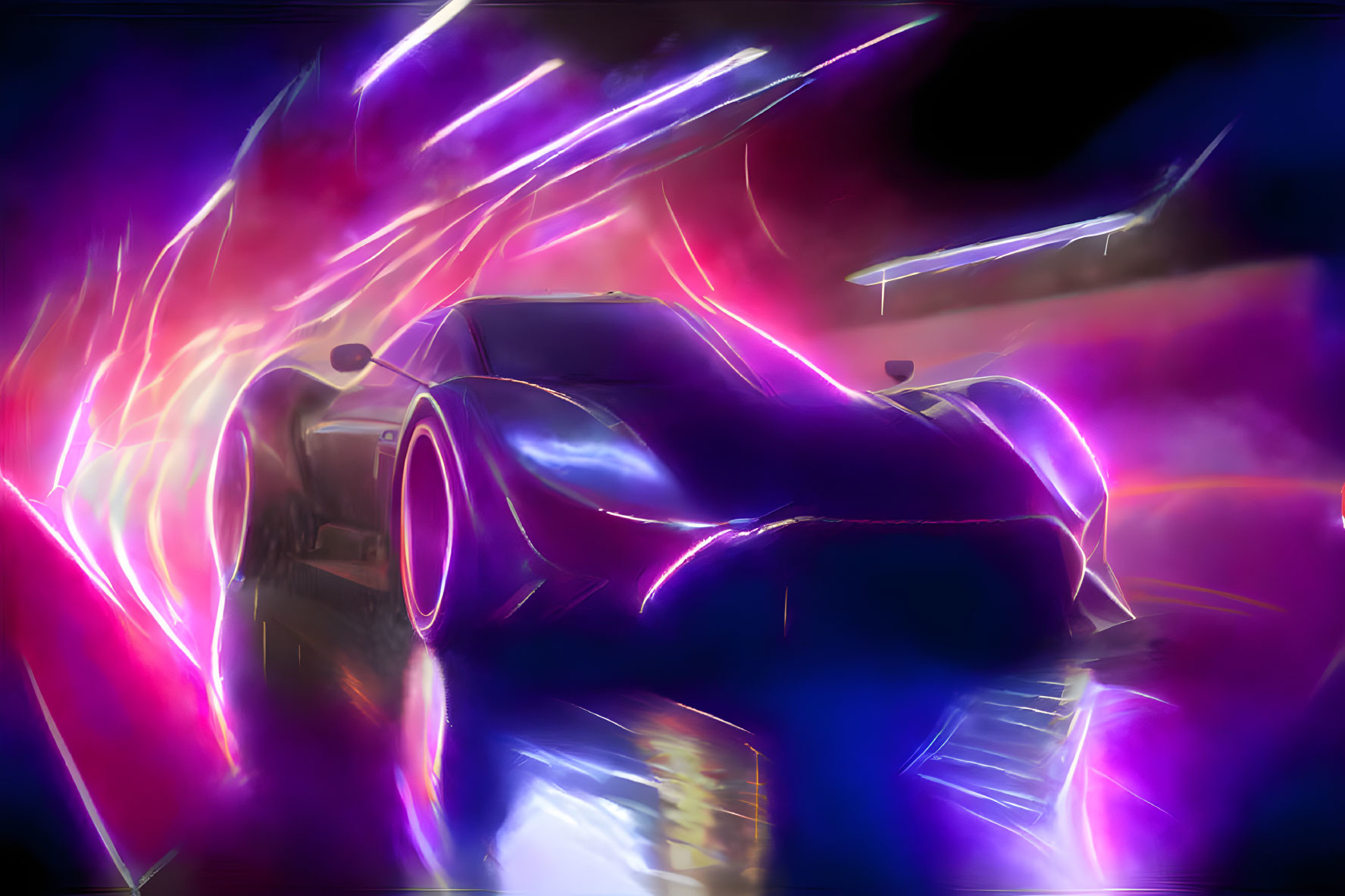 Futuristic car with glowing purple lines racing at high speed