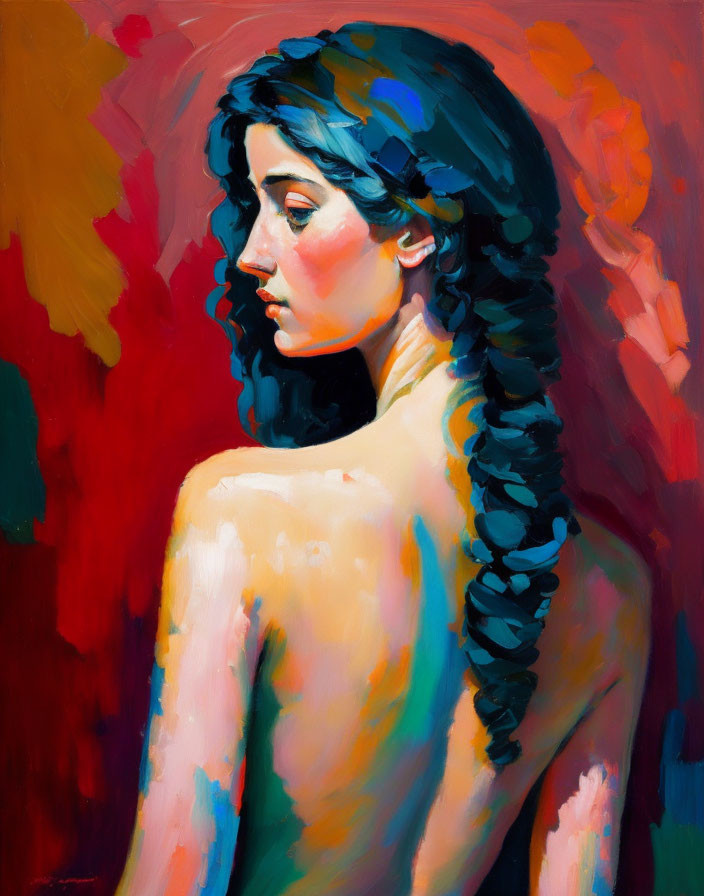 Colorful Abstract Painting of Woman with Flowing Braid