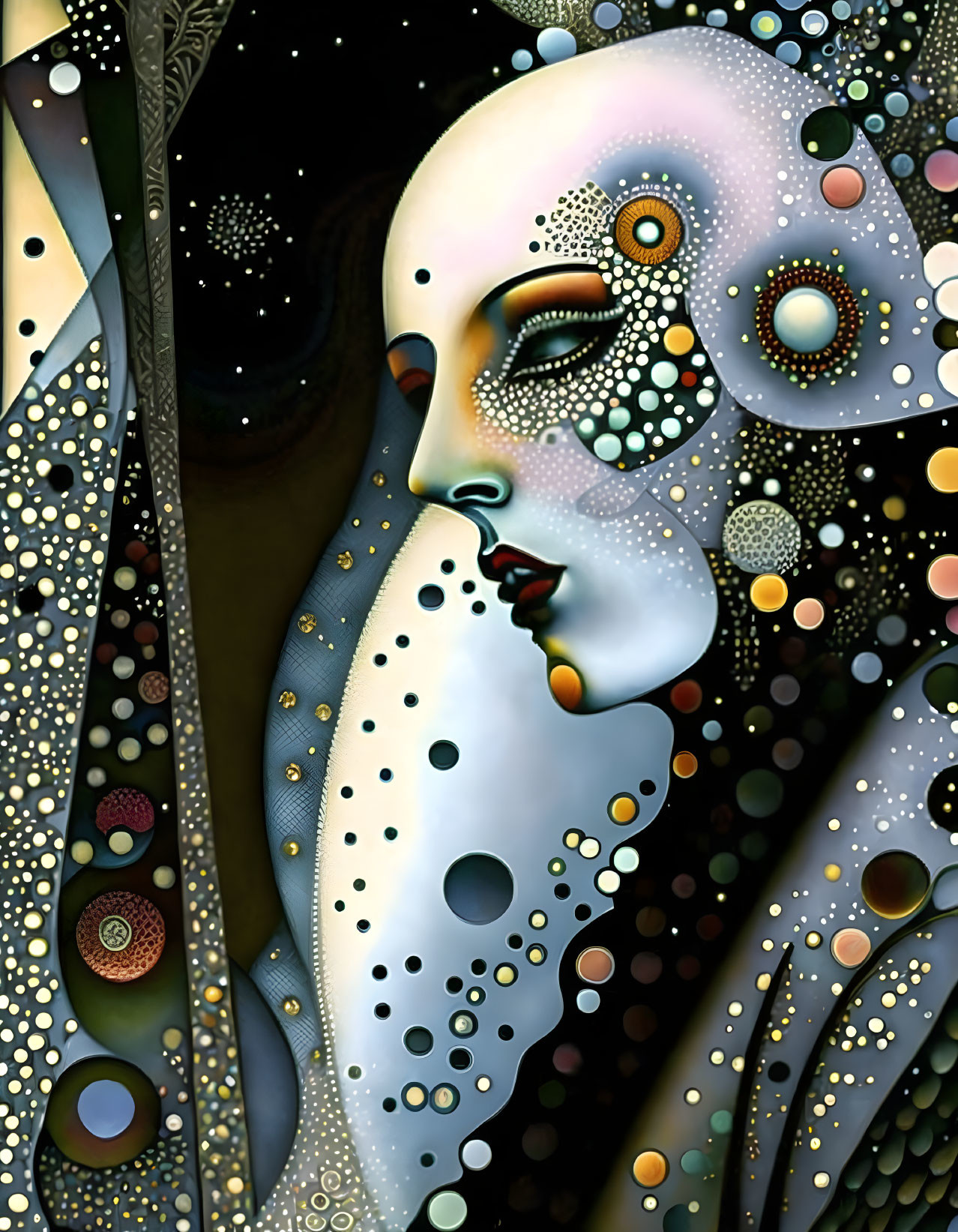 Abstract portrait with dotted patterns and circles in black, white, and hints of color.