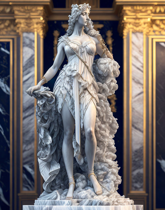 Classical marble statue of female figure in flowing robes with ornate hair and blue backdrop.