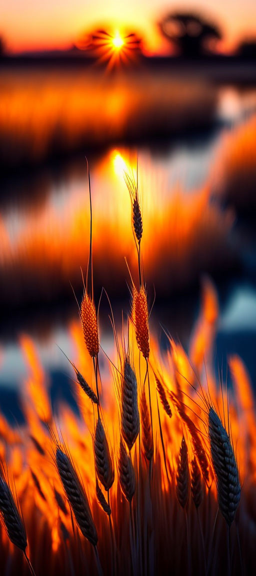 Vibrant sunset scene: golden wheat field, reflecting sun on water, silhouetted trees