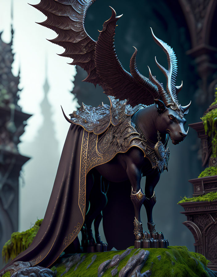 Majestic dragon-horse hybrid with ornate armor in gothic setting