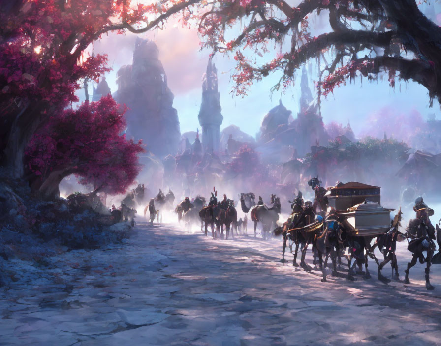 Fantasy procession with horses and carriage in mystical landscape