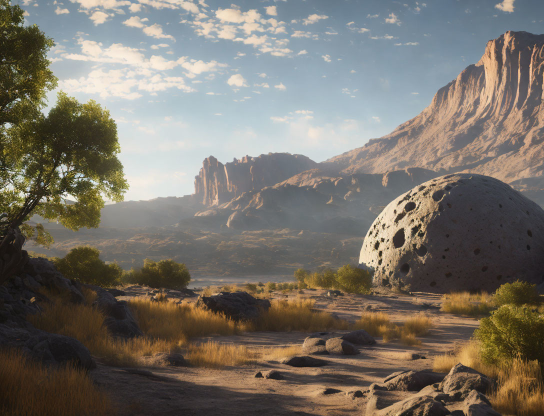 Barren Desert Landscape with Large Boulder and Mountains