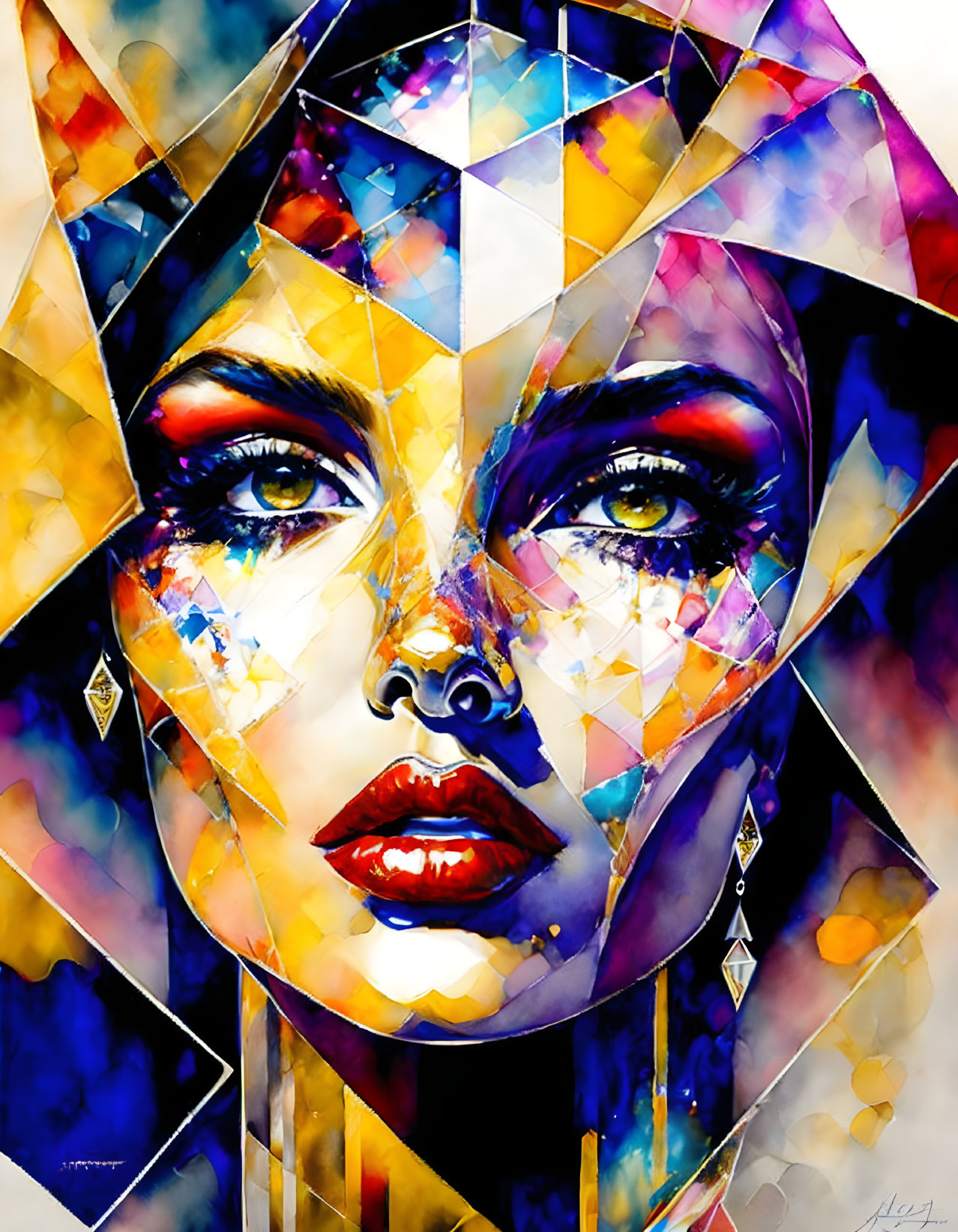 Colorful Abstract Portrait with Geometric Shapes and Multicolored Facets