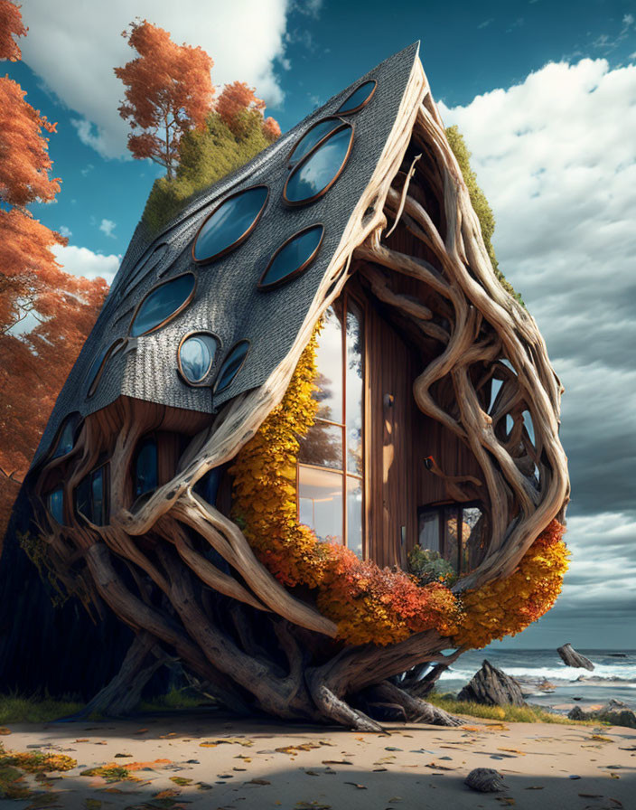 Curved wooden treehouse with circular windows by beach under cloudy sky