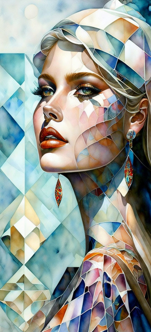 Geometric stained-glass effect on woman with bold makeup and elegant earrings