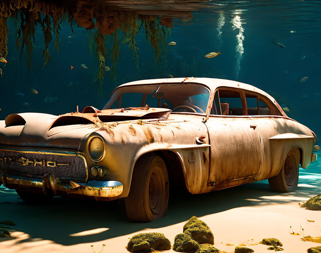 Rusted abandoned car submerged underwater among rocks and plants