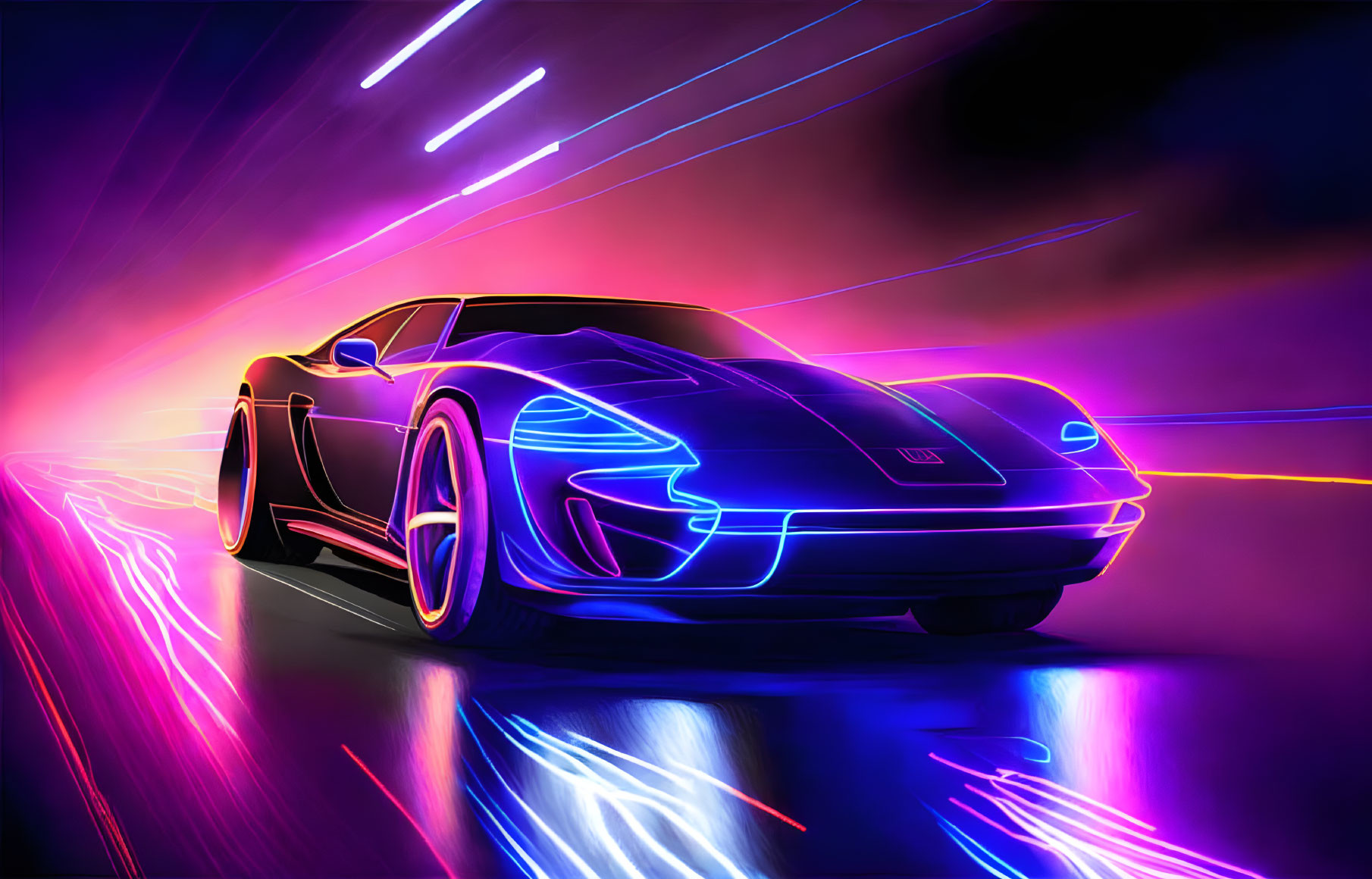 Neon-outlined sports car in vibrant, colorful tunnel