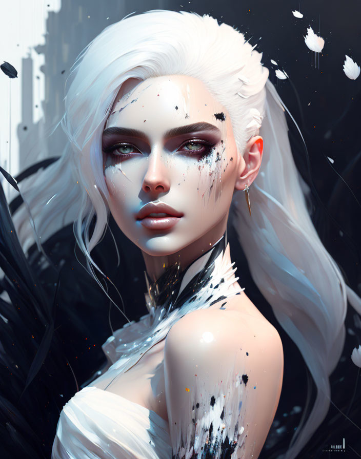 Illustration of woman with white hair, porcelain skin, black splatters, white petals on dark background