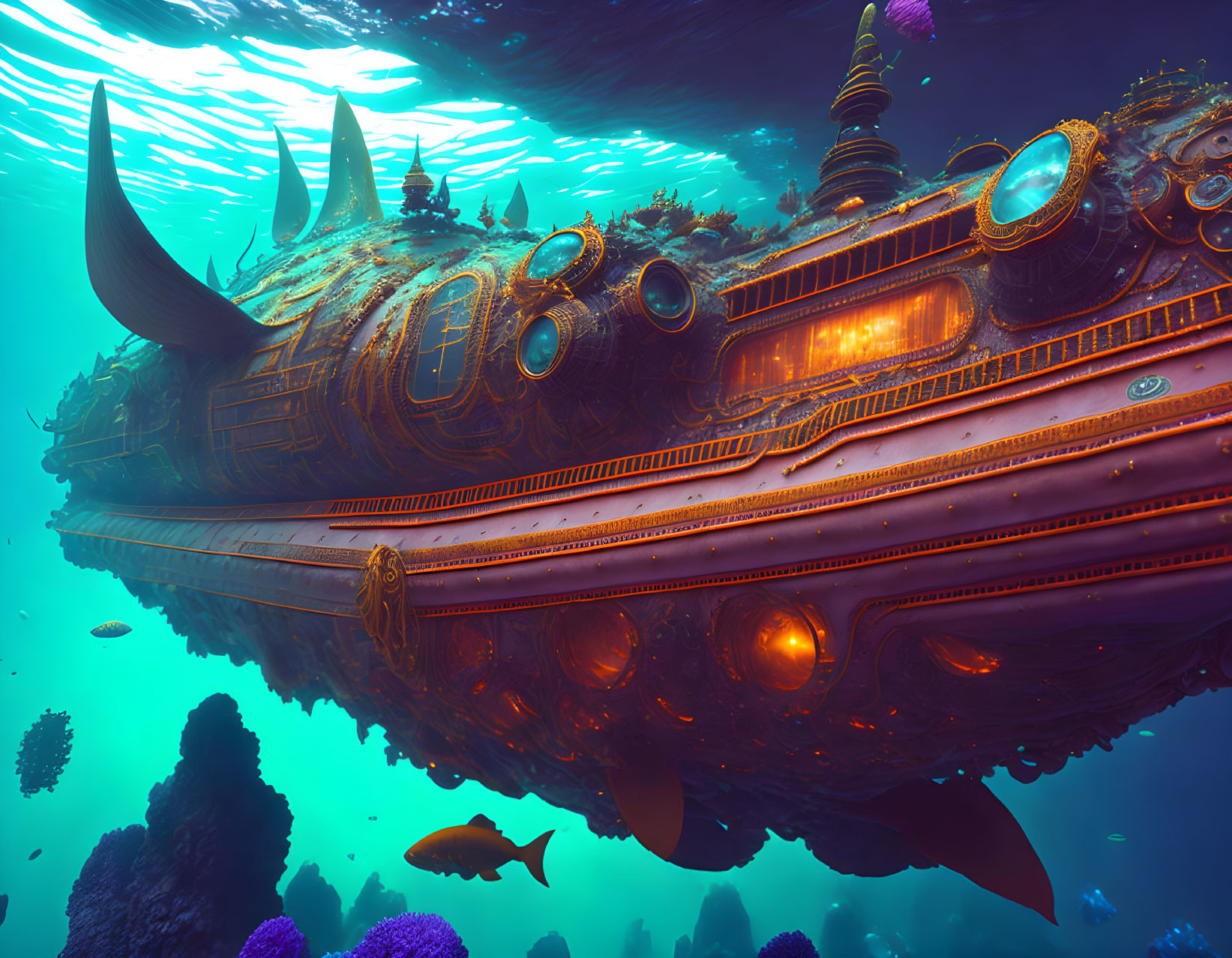 Ornate submarine in fantastical underwater scene