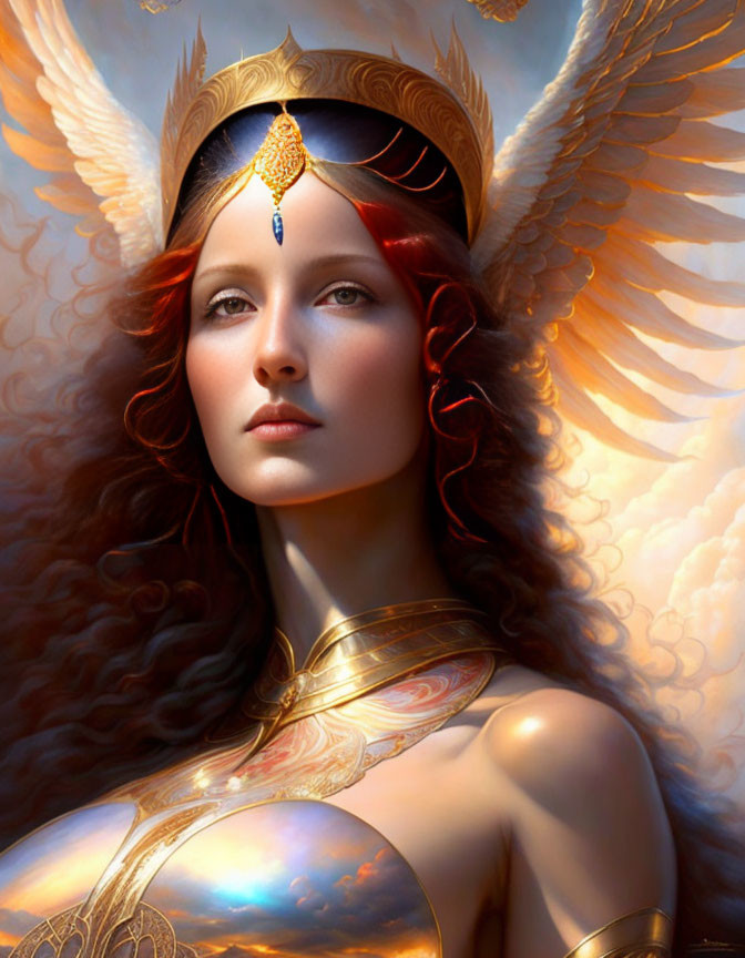 Red-haired woman in golden armor with wings on soft background