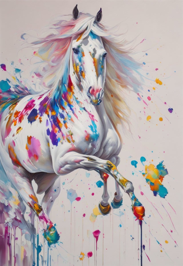 Colorful White Unicorn Painting with Multicolored Splashes and Dripping Paint