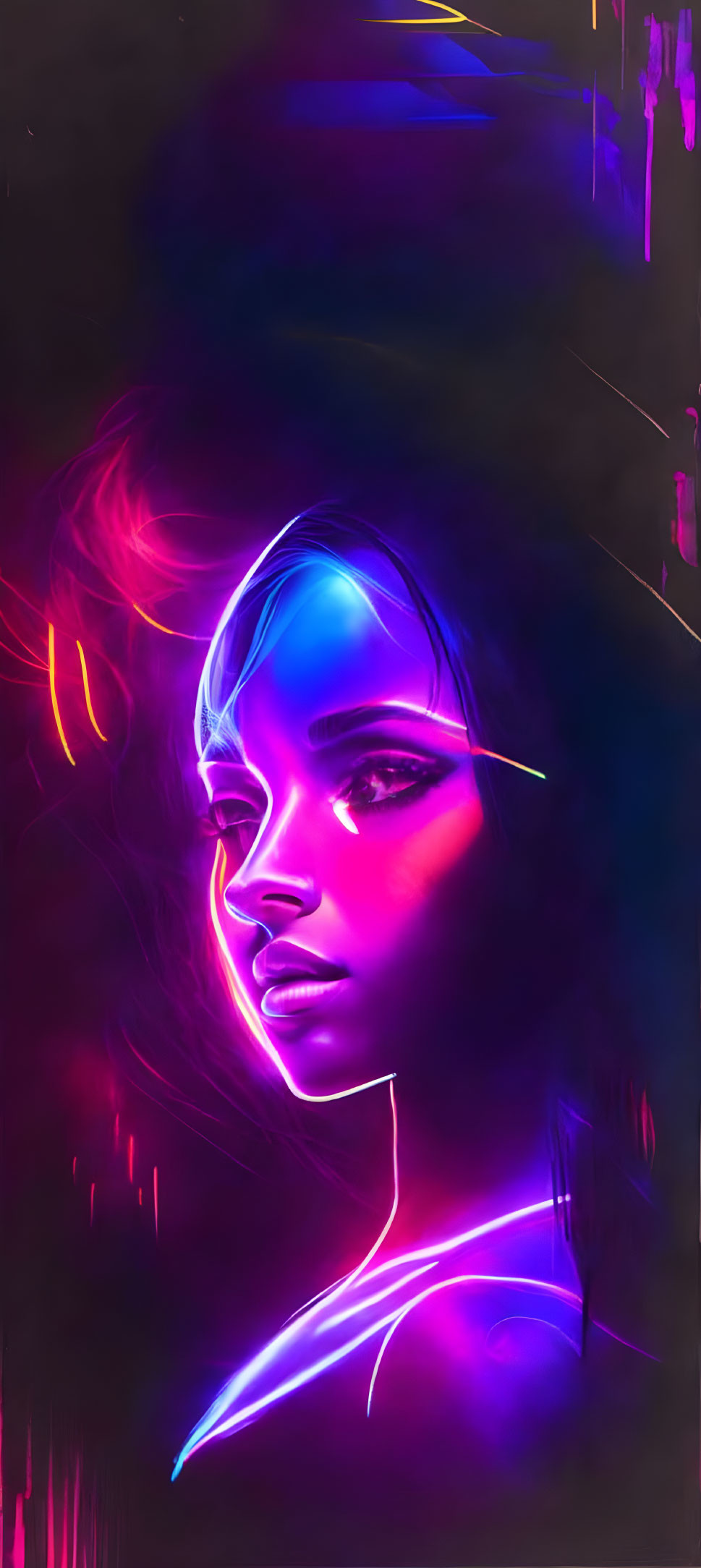 Neon-lit profile of a woman with pink and blue highlights on a dark background