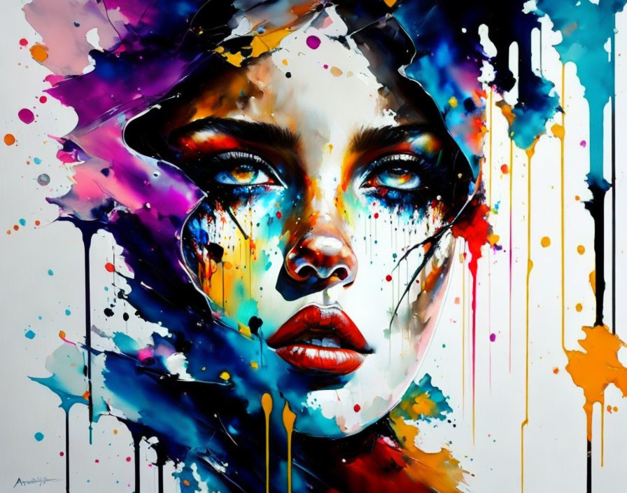 Colorful Abstract Painting of Woman's Face with Dripping Colors