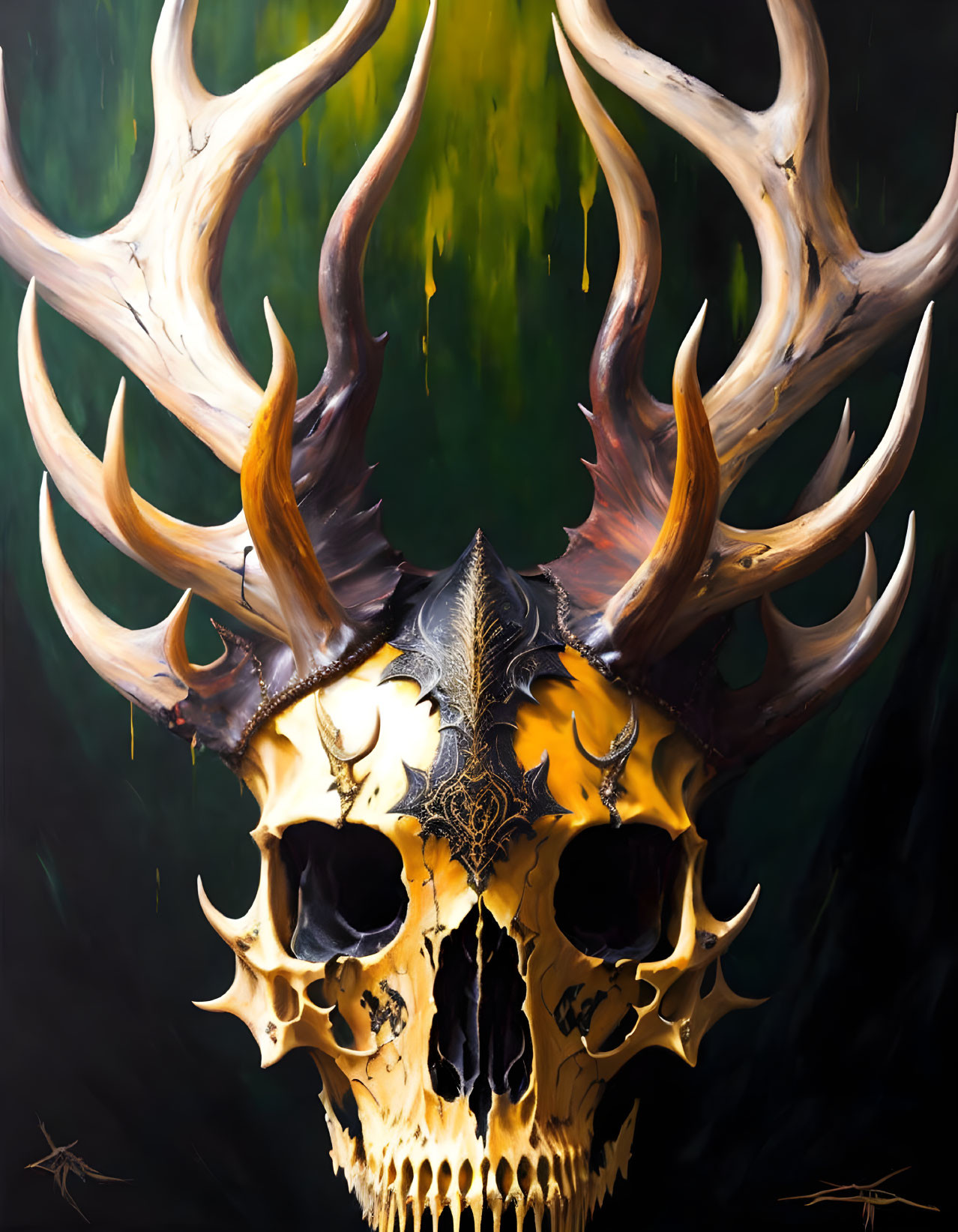 Surreal artwork: Golden skull with antlers, intricate designs, dark background