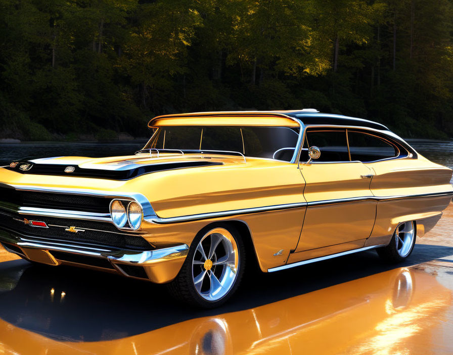 Vintage Golden Car with White Roof and Chrome Details Parked by River at Sunset