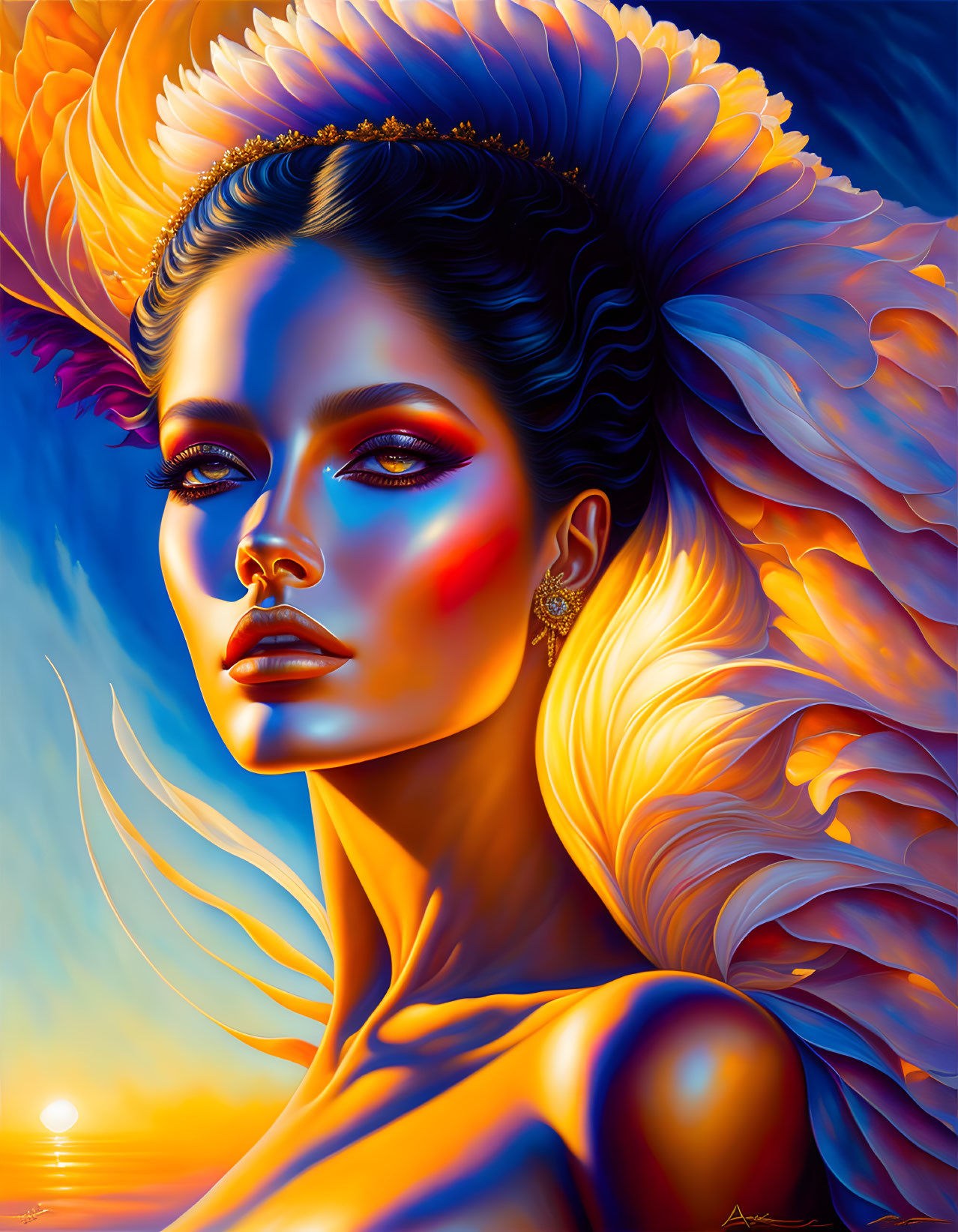 Illustration of woman with sun-kissed skin and striking gaze against warm sunset backdrop