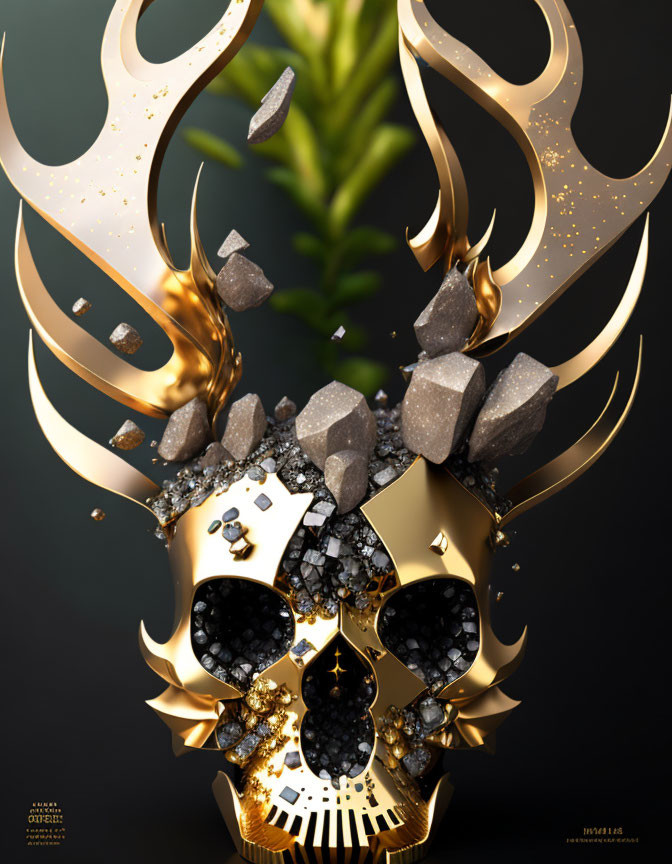 Golden skull with antlers adorned with stones, crystals, and plants on dark background