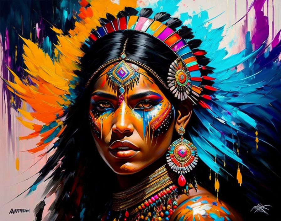 Vibrant portrait of woman in indigenous headgear and face paint