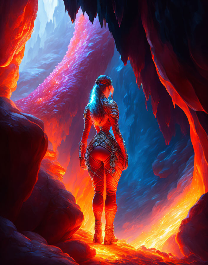 Futuristic armored figure at entrance of glowing lava cave