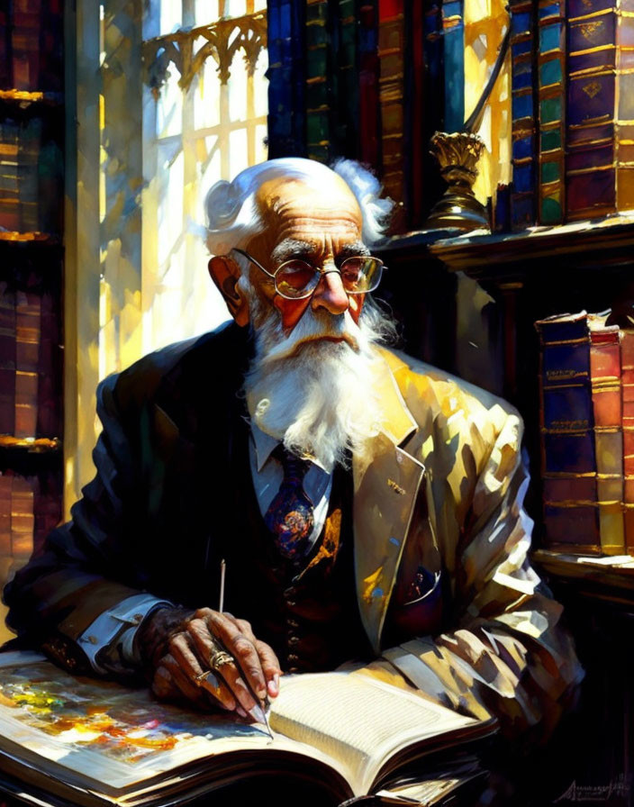Elderly man painting in book surrounded by sunlight and books