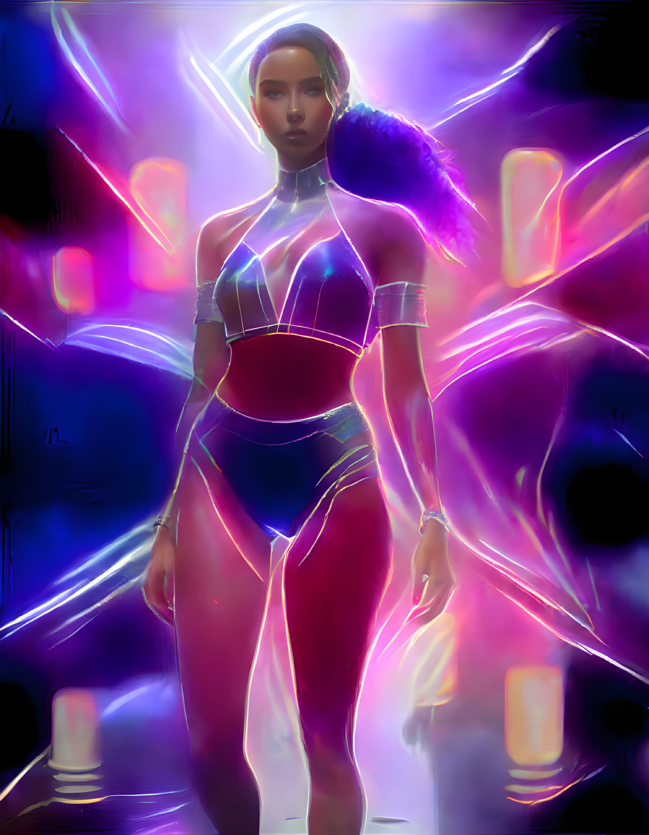 Futuristic digital artwork of woman in glowing attire on neon-lit backdrop