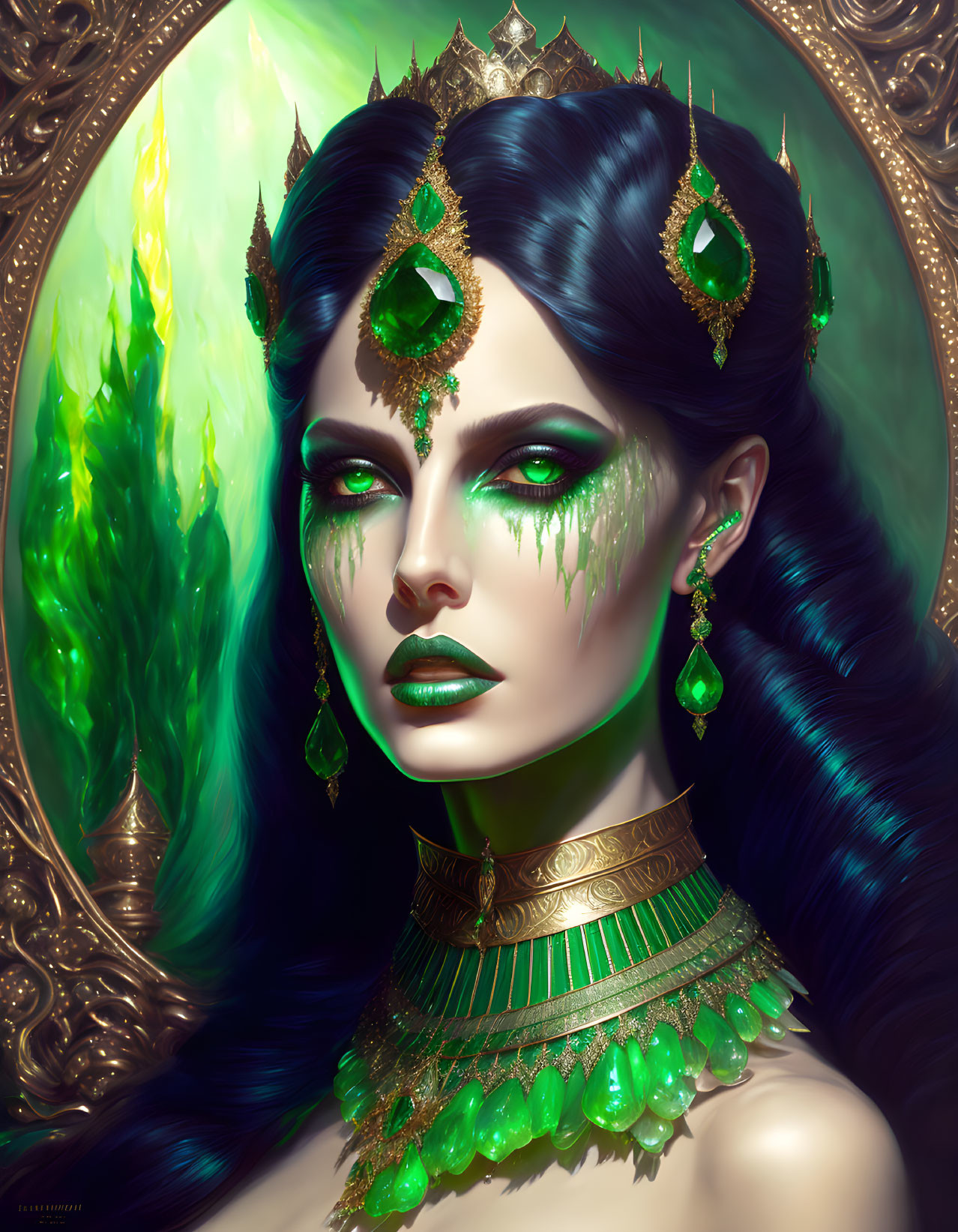 Woman portrait with emerald jewelry and ornate golden mirror