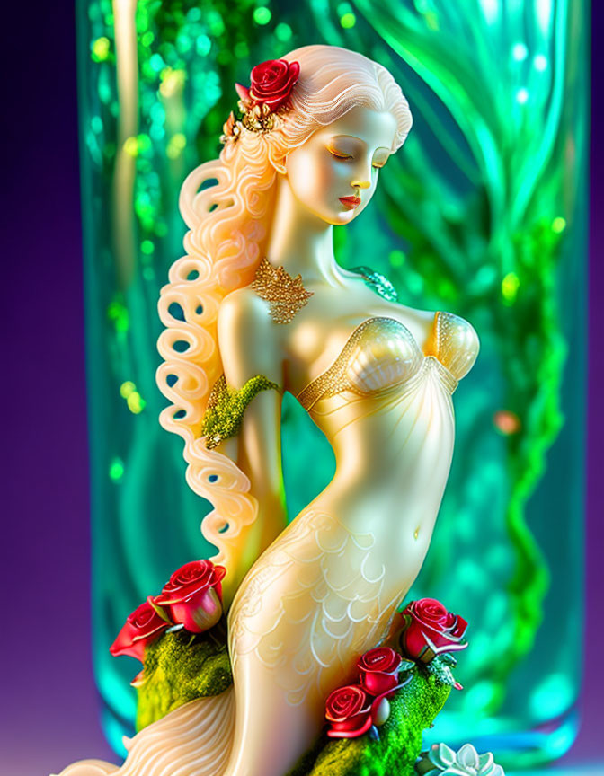 Fantastical 3D rendering of a female figure with blonde hair and floral attire