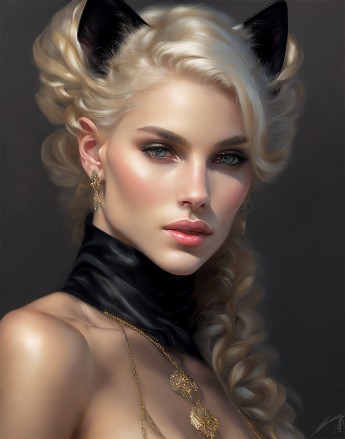 Blonde Curly-Haired Woman with Cat Ears and Green Eyes in Black Clothes and Gold Jewelry