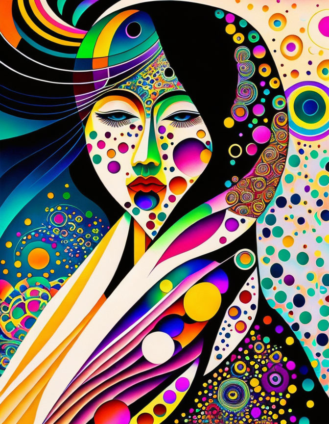 Vibrant abstract portrait with colorful patterns and shapes