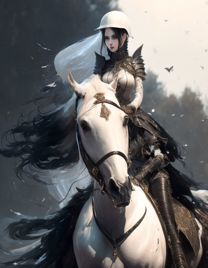 Warrior in black and white armor on white horse in misty forest