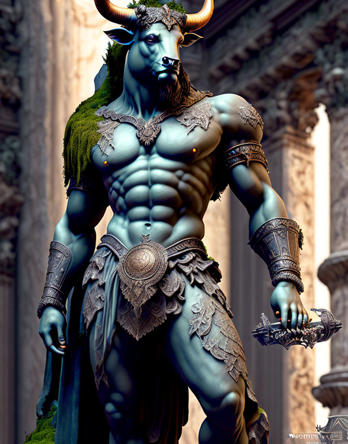 Muscular Minotaur in Blue Armor at Greco-Roman Architecture