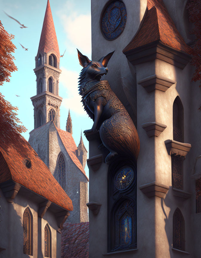 Gothic-style clock building with majestic fox statue and autumn leaves