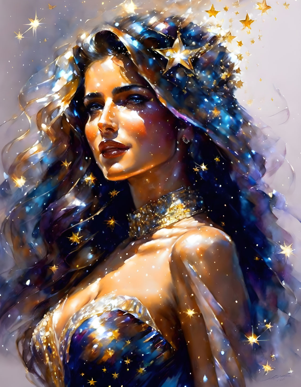 Illustration: Woman with sparkling stars in flowing hair exudes dreamy aura