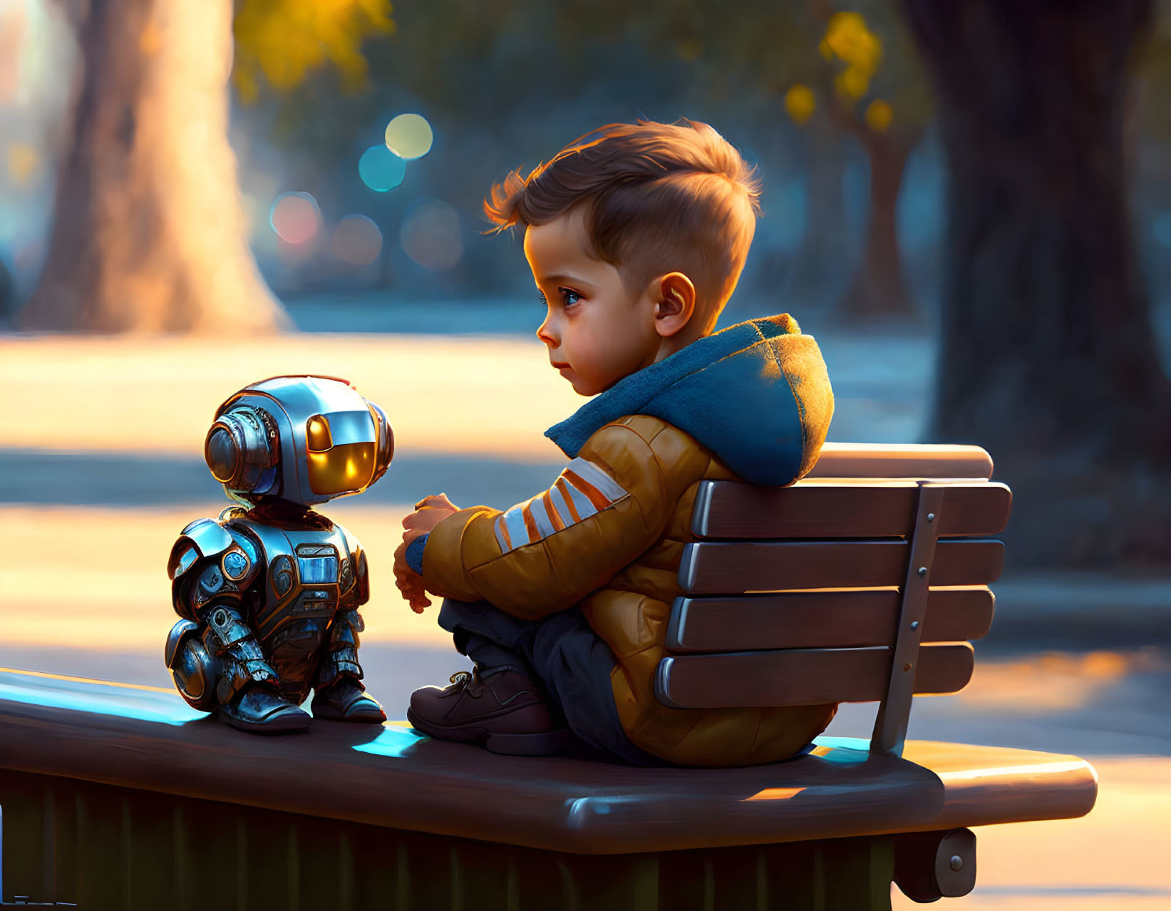 Young boy and small robot on park bench in golden sunset light