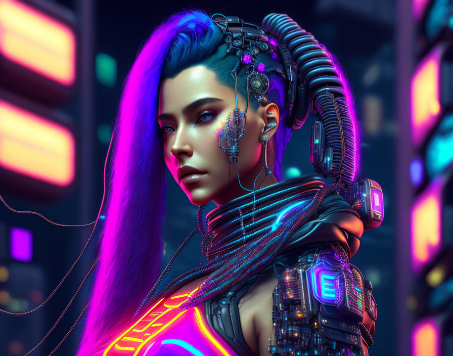 Blue-violet haired woman with cybernetic enhancements in neon-lit cityscape