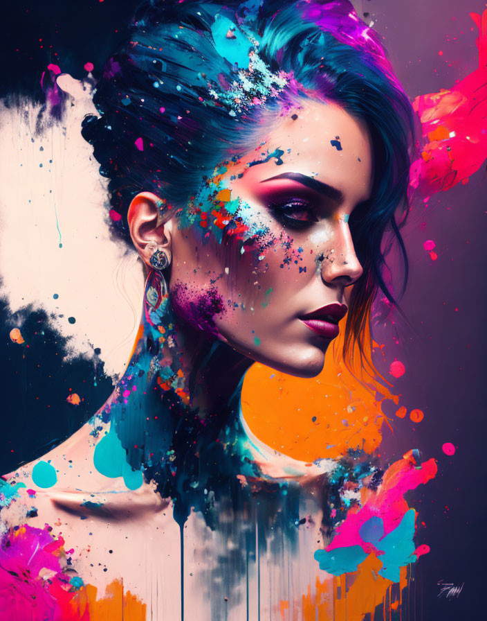 Colorful digital artwork of a woman with splashes and drips on dark background