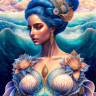 Portrait of woman with blue hair in seashell updo and dress against cloudy sky