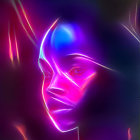 Neon-lit profile of a woman with pink and blue highlights on a dark background